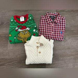 Toddler Boy Christmas Tops Bundle Grinch Button Down Cable Knit Sweater XS/S
